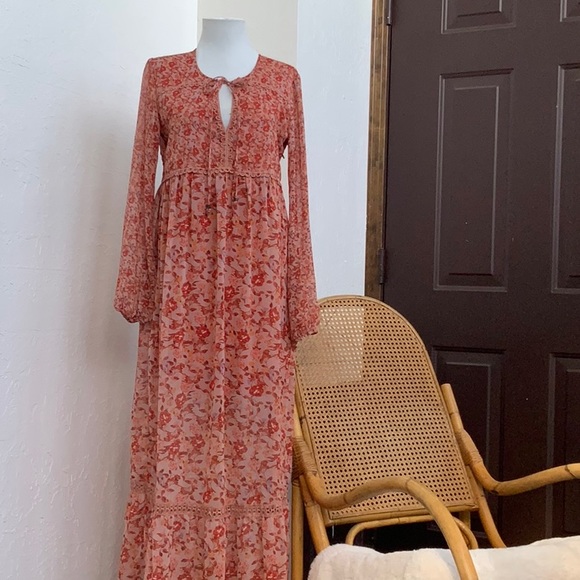 Sheer Fall Long Sleeve Maxi Dress Keyhole Ruffle Tiered Hem Prairie Cottagecore - Picture 2 of 10